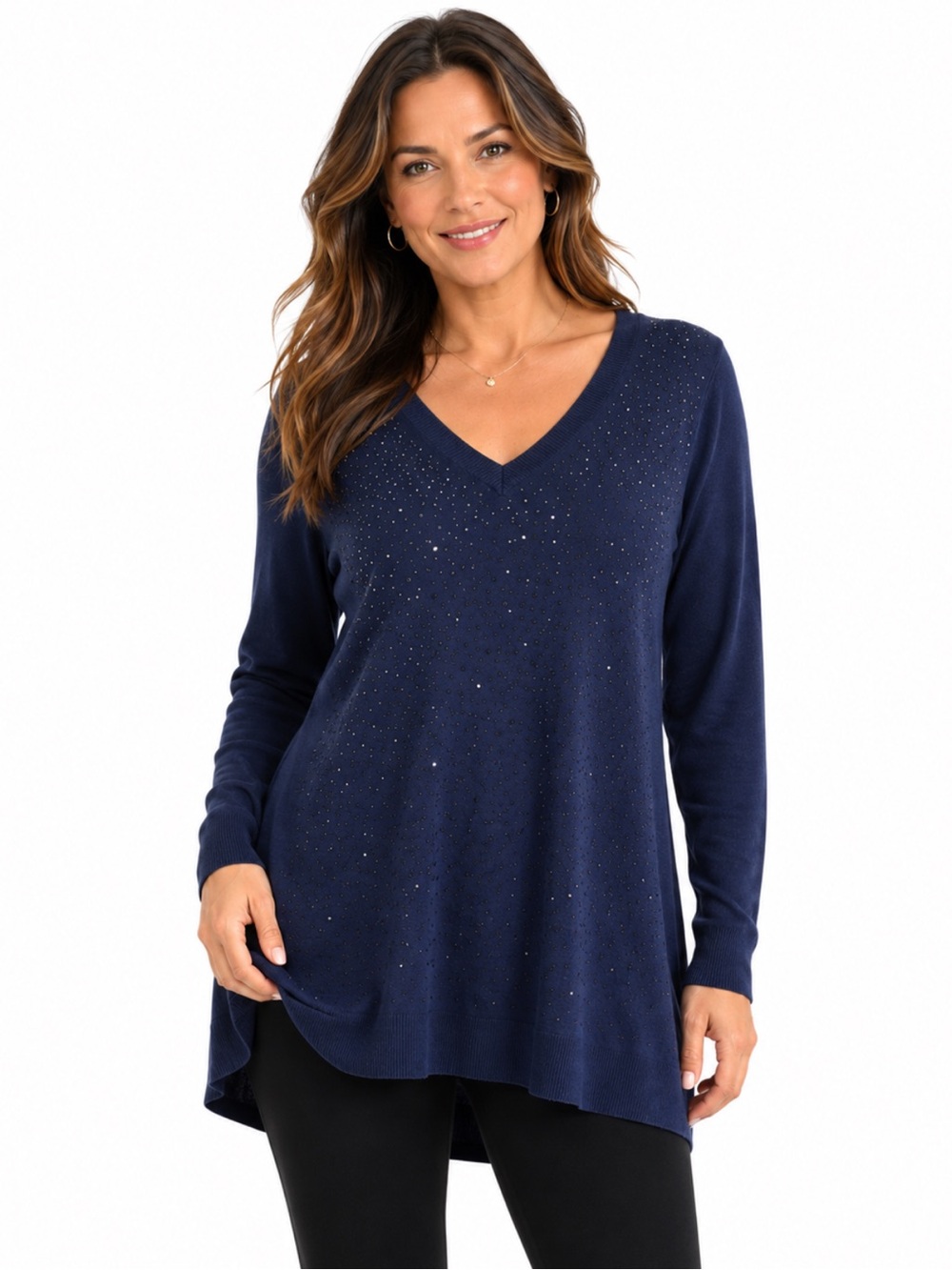 NWT Ashley Stewart Navy Rhinestone Embellished V-Neck Tunic Sweater —Size 10